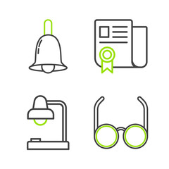 Poster - Set line Glasses, Table lamp, Certificate template and Ringing bell icon. Vector