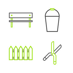 Poster - Set line Gardening handmade scissors, fence wooden, Bucket and Bench icon. Vector