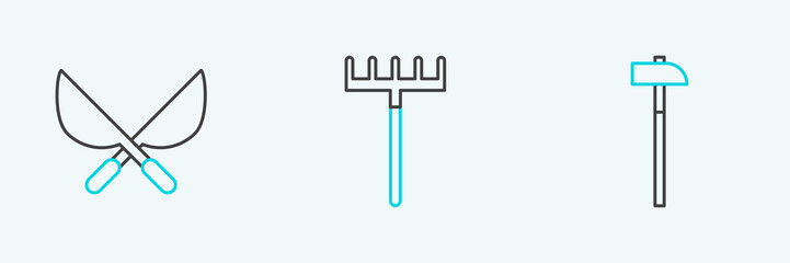 Sticker - Set line Hammer, Gardening handmade scissors and rake icon. Vector