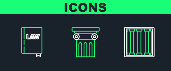 Sticker - Set line Prison window, Law book and pillar icon. Vector