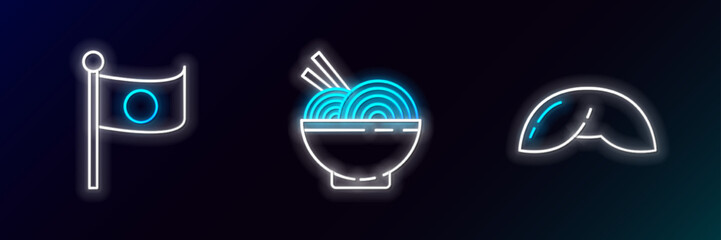 Sticker - Set line Chinese fortune cookie, National flag of Japan on pole and Asian noodles bowl and chopsticks icon. Glowing neon. Vector