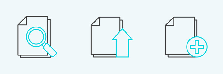 Poster - Set line Add new file, Document with search and Upload document icon. Vector
