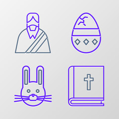 Sticker - Set line Holy bible book, Easter rabbit, Cracked egg and Jesus Christ icon. Vector