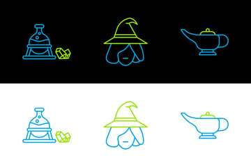 Poster - Set line Magic lamp or Aladdin, Witch cauldron and magic stone and icon. Vector