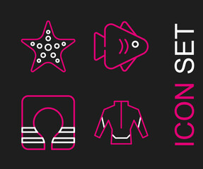 Wall Mural - Set line Wetsuit, Life jacket, Fish and Starfish icon. Vector