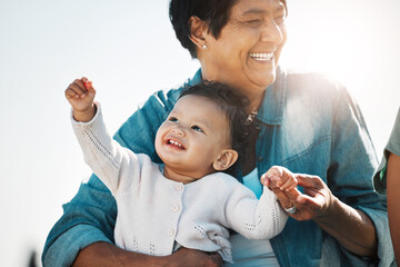 Poster - Happy grandma, baby and relax in nature on vacation, trip or family holiday. Love, care and grandmother bonding with child, infant or toddler outdoors, outside in sunshine and enjoying time together.