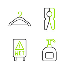 Sticker - Set line Bottle of liquid soap, Wet floor, Clothes pin and Hanger wardrobe icon. Vector