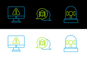 Poster - Set line Flasher siren, Monitor with exclamation mark and System bug icon. Vector