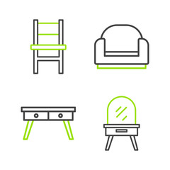 Sticker - Set line Dressing table, Office desk, Armchair and Chair icon. Vector