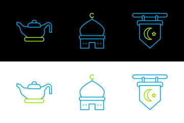 Sticker - Set line Star and crescent, Oil lamp and Muslim Mosque icon. Vector