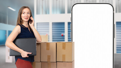 Poster - Rental Storage container. Woman and big phone. Girl with boxes rents Storage. Phone blank screen. Businesswoman is talking on phone. Application concept for renting storage container. Girl with boxes