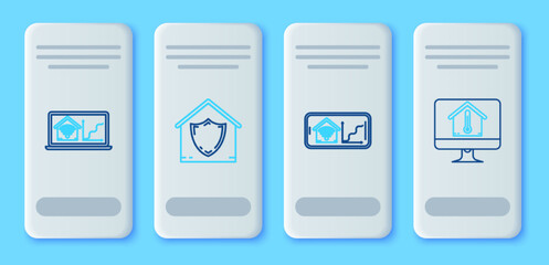 Canvas Print - Set line House under protection, Mobile phone with smart home with wi-fi, Laptop and Computer monitor house temperature icon. Vector