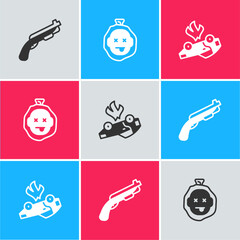 Sticker - Set Police shotgun, Murder and Burning car icon. Vector