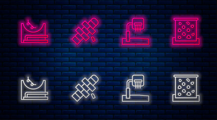 Sticker - Set line Hopscotch, Basketball backboard, Skate park and Climbing wall. Glowing neon icon on brick wall. Vector