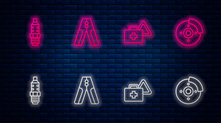 Wall Mural - Set line Car battery jumper power cable, First aid kit and warning triangle, spark plug and brake disk with caliper. Glowing neon icon on brick wall. Vector