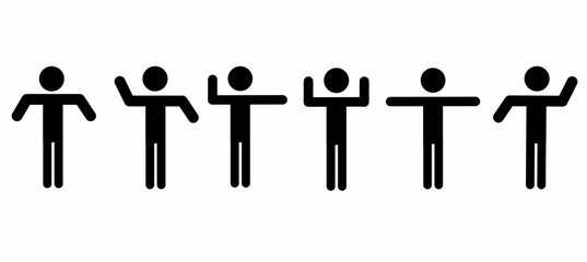 Wall Mural - Stick man shows various signs. A human figurine. Pictograms of various human poses on white. Flat design style.