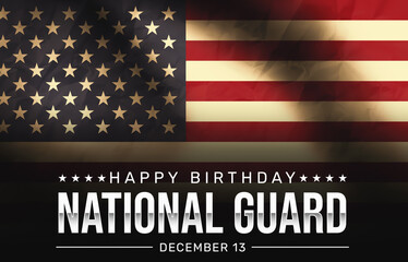 Wall Mural - Happy Birthday National Guard of the United States of America with a waving flag in the background. Vintage-style patriotic national guard birthday wallpaper