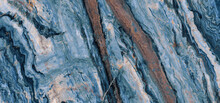 Blue Crystal Marble Texture Background With Brown Vines Across The Surface. Decorative Architecture Granite Wallpaper Design. Rainforest Vitrified Marble Granite For Ceramic Slab Tile And Flooring.