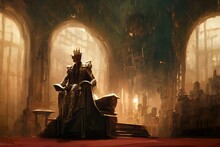 Evil King With Crown Sitting On A Throne In A Castle Hall Fantasy Illustration