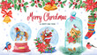 Christmas background with snow globes and cloches , Watercolor hand painting