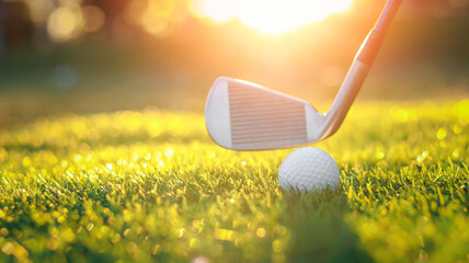 Golf ball close up on tee grass on blurred beautiful landscape of golf background. Concept international sport that rely on precision skills for health relaxation...