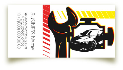 Business card concept for car repair and service. Wrench screwdriver and check injector symbol