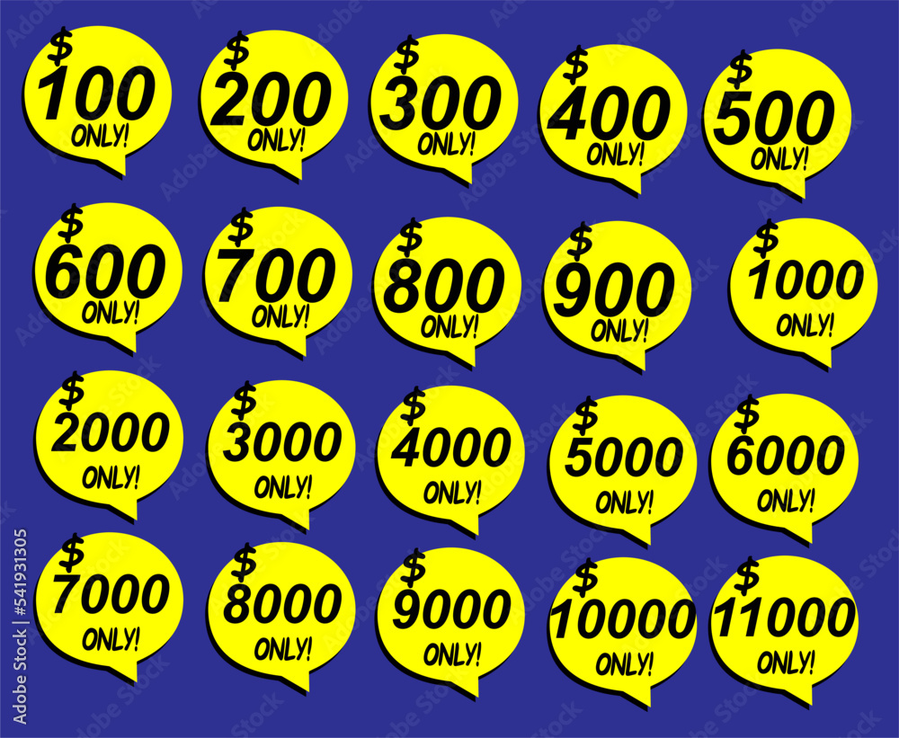 Discount sticker Template with 100, 200, 300, 400, 500, 600, 700, 800 ...