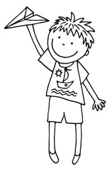 Sticker - Smiling boy with paper airplane. Outdoor child playing