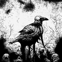 Wall Mural - death metal horror art with crow and skull