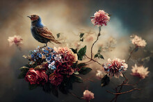 Delicate Painting With A Bird Landing On The Flowers. Pastel Tones. Blurred Background. Digital Art.
