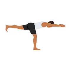 Wall Mural - Man doing warrior III pose virabhadrasana III exercise. Flat vector illustration isolated on white background