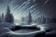 winter snow landscape with little pond , digital painting, illustration 