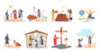 Christians stories. Holy bible parable and characters cartoon flat style, christian religious scenes with God messiah prayer Noah prophet. Vector collection