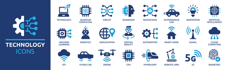technology icon set. containing 5g, ai, robotics, iot, biometric, geolocation, cloud computing and a
