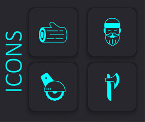 Set Wooden axe, log, Lumberjack and Electric circular saw icon. Black square button. Vector