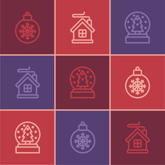 Wall Mural - Set line Christmas ball, snow globe and Merry house icon. Vector