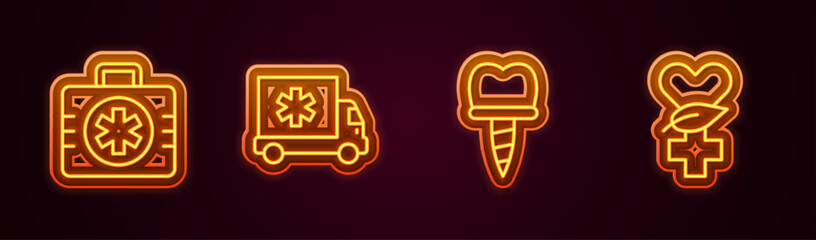 Canvas Print - Set line First aid kit, Ambulance car, Dental implant and Ethnoscience. Glowing neon icon. Vector