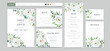 Vector floral wedding card template set. Invite, menu, rsvp, thank you, details. White eustoma flowers, jasmine, green eucalyptus branch, leaves watercolor bouquet. Elegant neutral rustic illustration