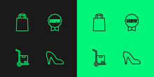 Set Line Woman Shoe, Hand Truck And Boxes, Paper Shopping Bag And Price Tag With New Icon. Vector