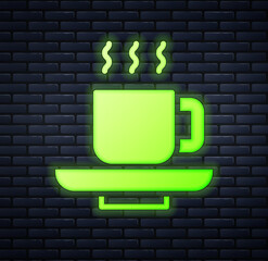 Wall Mural - Glowing neon Coffee cup icon isolated on brick wall background. Tea cup. Hot drink coffee. Vector