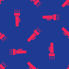 Sticker - Red Flashlight icon isolated seamless pattern on blue background. Vector