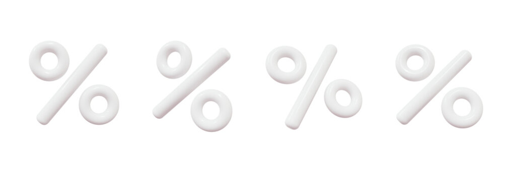White 3d set of sign percent discounts on isolated background. Voucher gift. 3d rendering illustration..