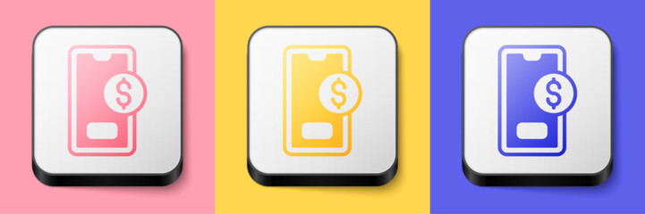 Canvas Print - Isometric Smartphone with dollar symbol icon isolated on pink, yellow and blue background. Online shopping concept. Financial mobile phone icon. Online payment. Square button. Vector