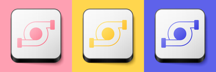 Isometric Automotive turbocharger icon isolated on pink, yellow and blue background. Vehicle performance turbo. Turbo compressor induction. Square button. Vector