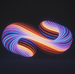 Wall Mural - 3D abstract art with colorful vibrant modern curved shapes, neon lights on a dark background