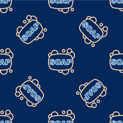 Canvas Print - Line Bar of soap icon isolated seamless pattern on blue background. Soap bar with bubbles. Vector