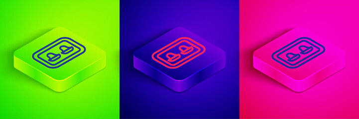 Wall Mural - Isometric line Earplugs with storage box icon isolated on green, blue and pink background. Ear plug sign. Noise symbol. Sleeping quality concept. Square button. Vector