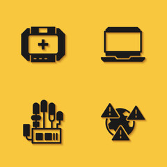 Wall Mural - Set First aid kit, Earth with exclamation mark, Mechanical robot hand and Laptop icon with long shadow. Vector