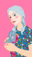 Vector Illustration Of A Cute Girl Holding A Toy Unicorn In Her Hands