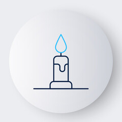 Poster - Line Burning candle in candlestick icon isolated on white background. Cylindrical candle stick with burning flame. Colorful outline concept. Vector